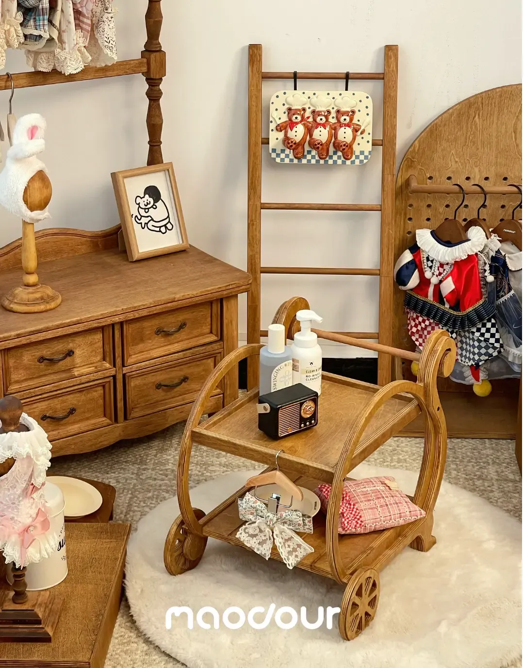 Two-tier pet room storage cart with scroll handles