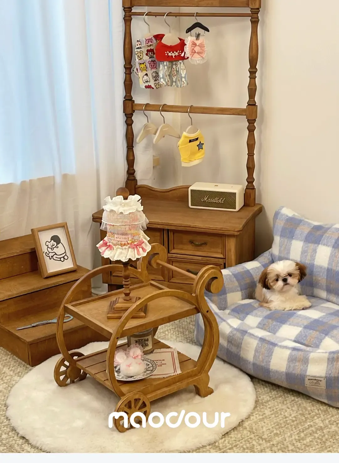 Decorative wooden cart for pet photography styling