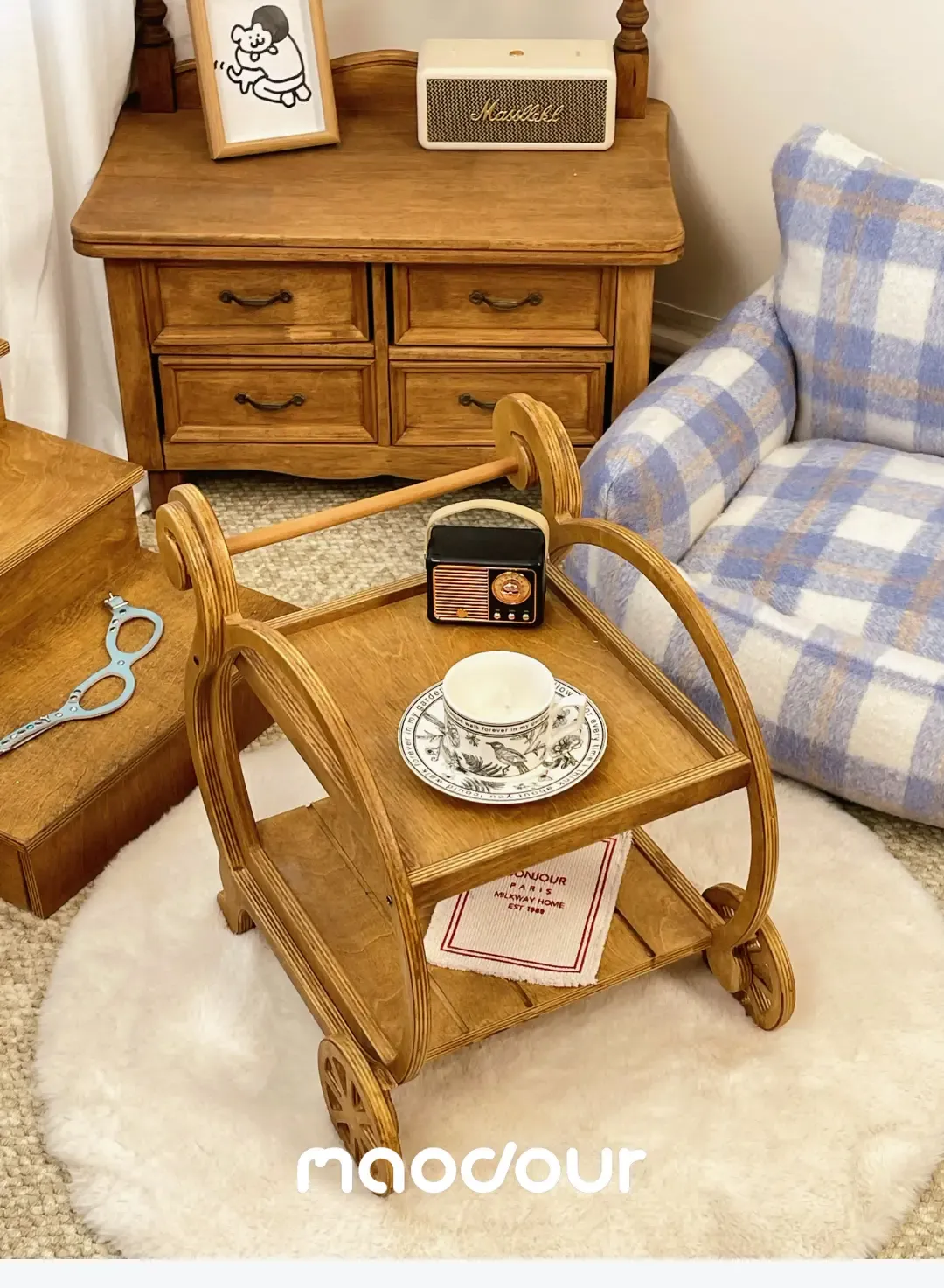 Wooden pet accessory cart with lower shelf