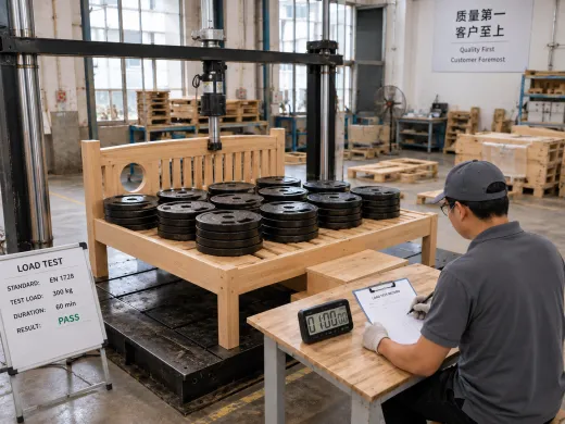 Calibrated weights held on a shelf during load testing, with the timer running