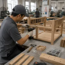 Frame assembly at the bench, with tools and part-built units