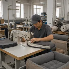Cushion covers being sewn in-house, fabric rolls alongside