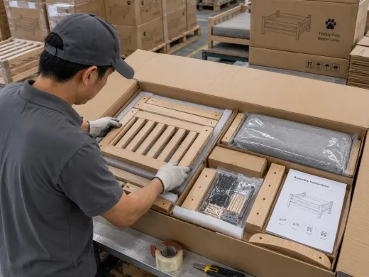 Knock-down carton opened out, showing parts, labelled fitting bag and assembly manual