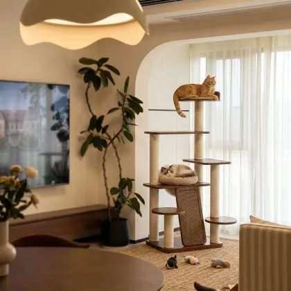 Tiered Wooden Cat Tree with Scratching Ramp — wooden pet furniture for OEM production