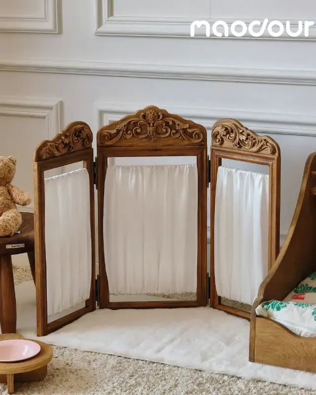 wooden pet screen divider manufacturer - Satin Carved Folding Pet Screen Divider, view 1