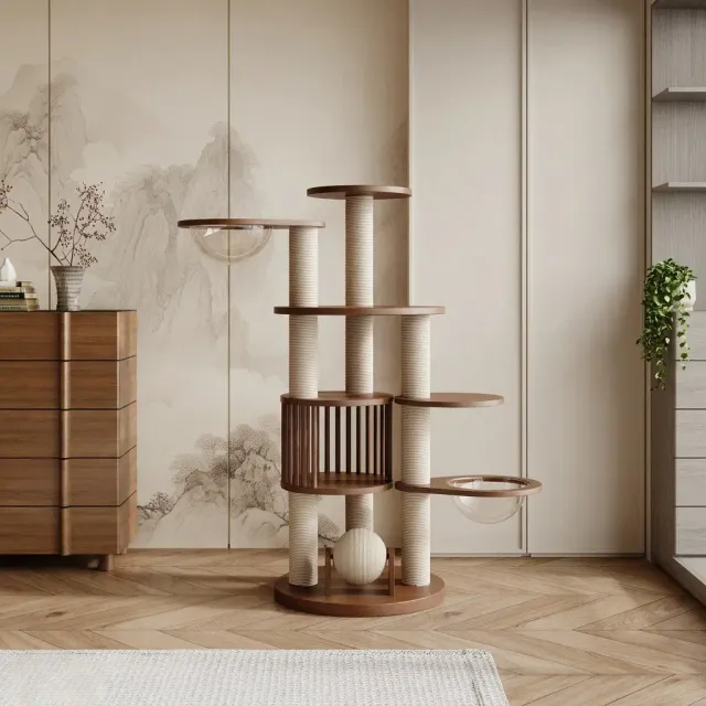 wooden cat tree manufacturer - Tall Dual-Capsule Wooden Cat Tree, view 1
