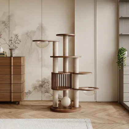Tall Dual-Capsule Wooden Cat Tree — wooden pet furniture for OEM production