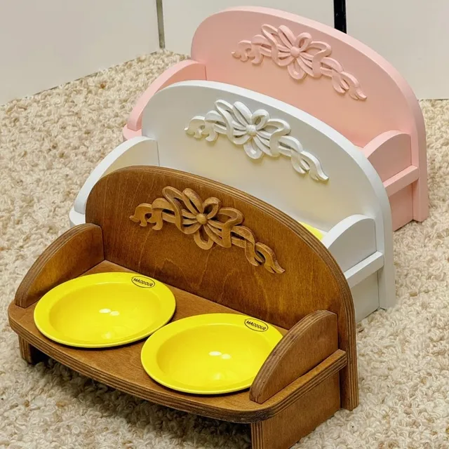 wooden pet feeder manufacturer - Vintage Carved Double-Bowl Pet Feeder, view 1
