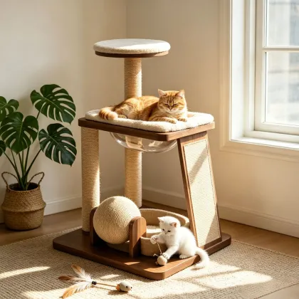 Compact Wooden Cat Tree with Scratching Ball — wooden pet furniture for OEM production