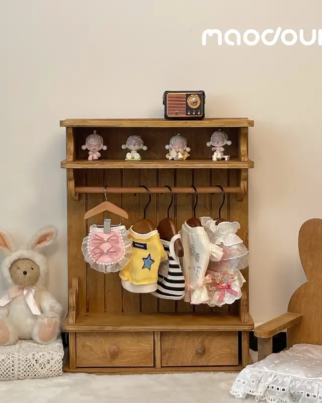 wooden pet wardrobe manufacturer - Vintage Wooden Pet Wardrobe Shelf with Drawers, view 2
