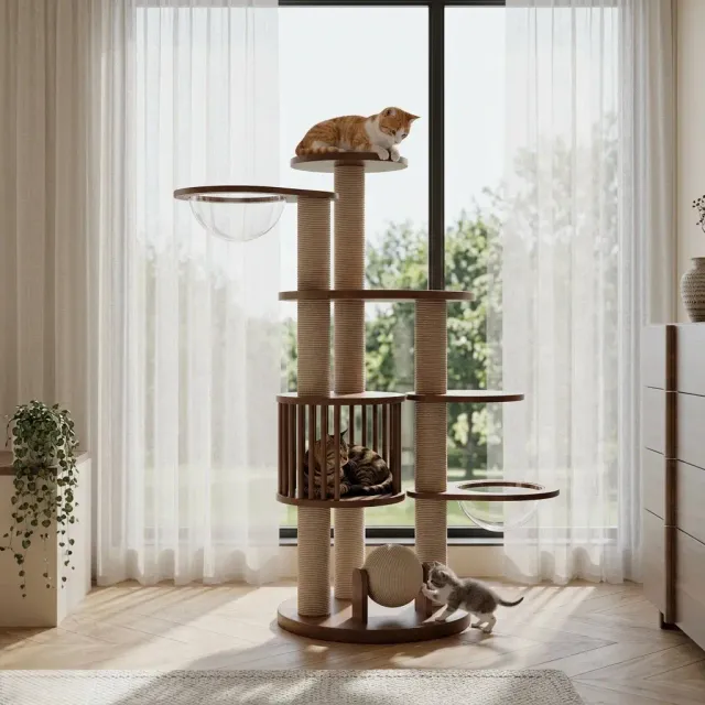 wooden cat tree manufacturer - Tall Dual-Capsule Wooden Cat Tree, view 2