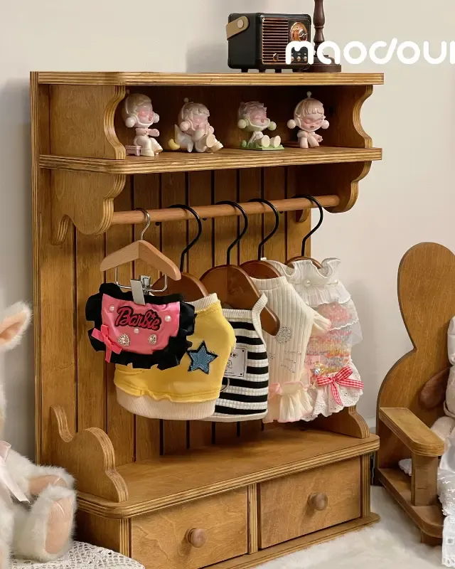 wooden pet wardrobe manufacturer - Vintage Wooden Pet Wardrobe Shelf with Drawers, view 3