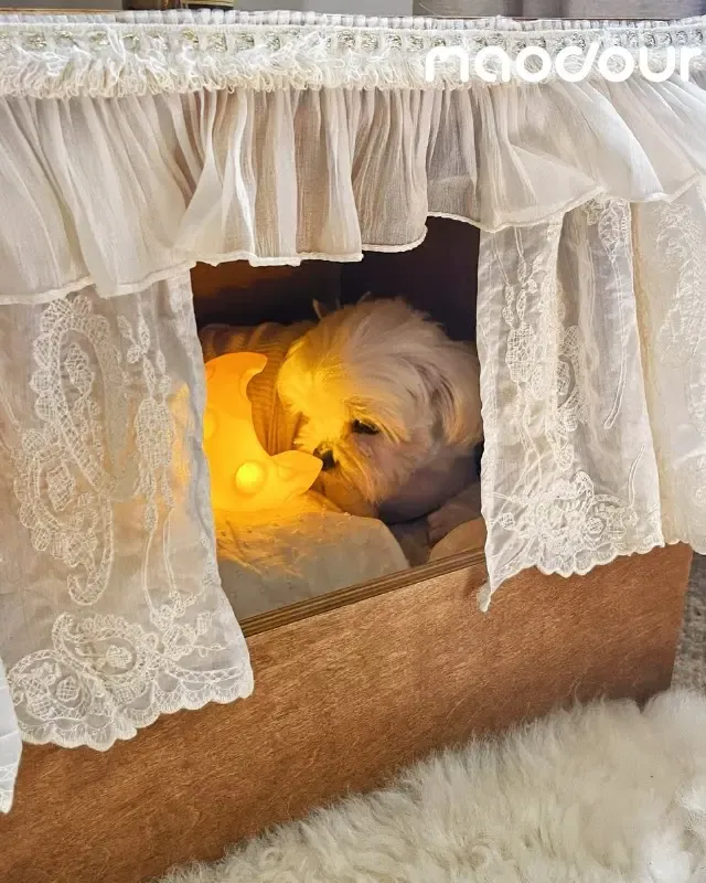 wooden pet bed manufacturer - Curtained Lift-Top Wooden Pet House, view 3