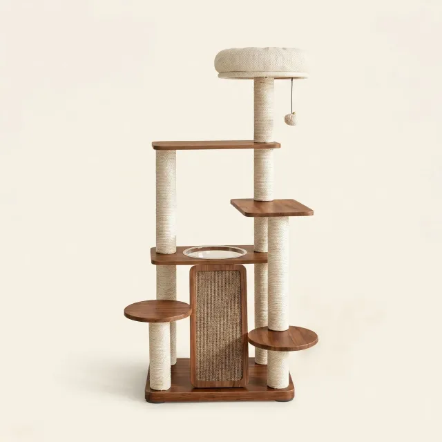 wooden cat tree manufacturer - Tiered Wooden Cat Tree with Scratching Ramp, view 3