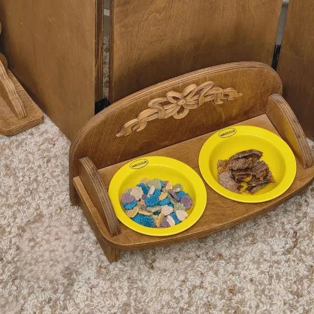 wooden pet feeder manufacturer - Vintage Carved Double-Bowl Pet Feeder, view 4