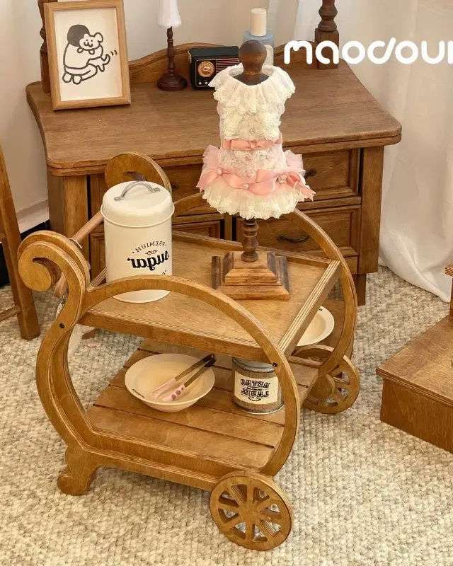 wooden pet furniture manufacturer - French Vintage Wooden Pet Serving Cart, view 4
