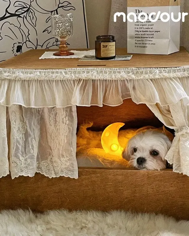 wooden pet bed manufacturer - Curtained Lift-Top Wooden Pet House, view 4