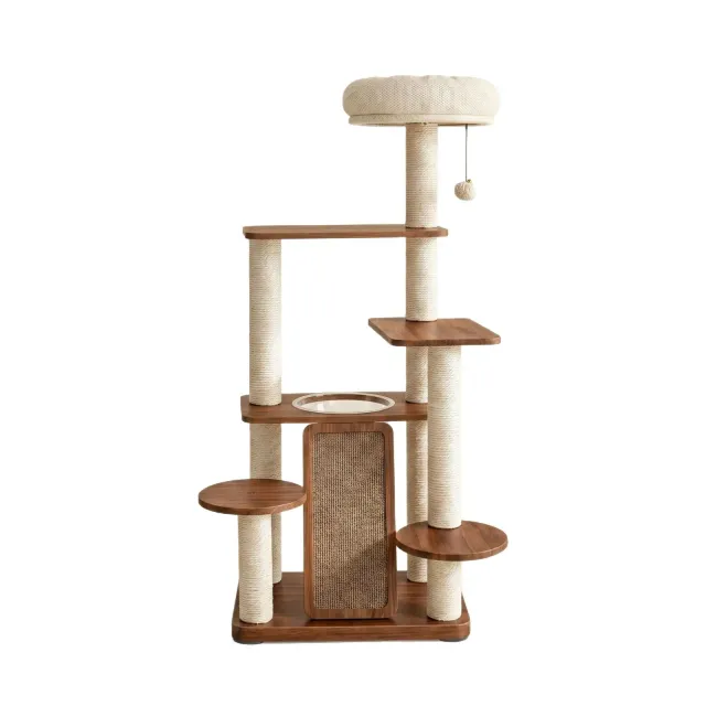 wooden cat tree manufacturer - Tiered Wooden Cat Tree with Scratching Ramp, view 4