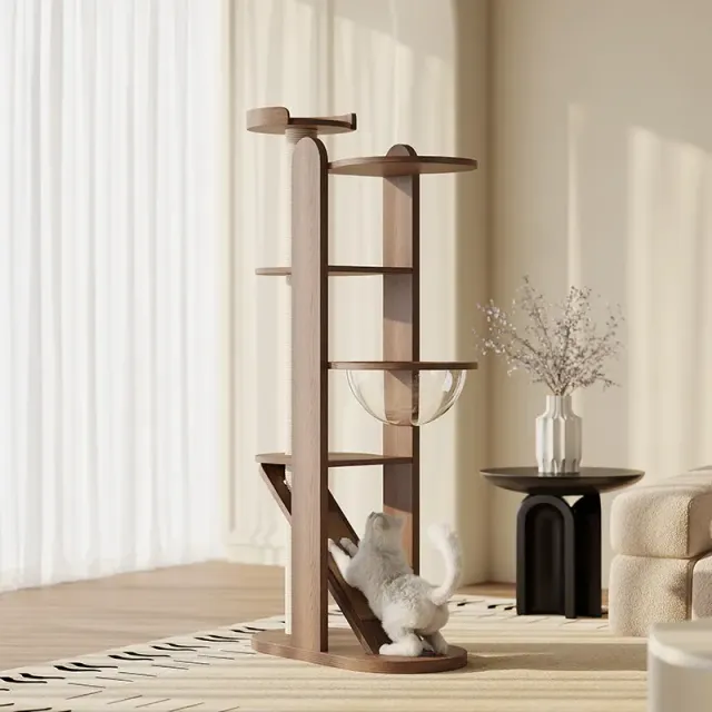 wooden cat tree manufacturer - Slim Wooden Cat Tree with Capsule Bed, view 4