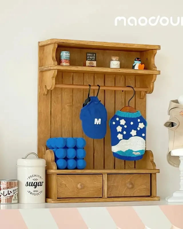 wooden pet wardrobe manufacturer - Vintage Wooden Pet Wardrobe Shelf with Drawers, view 5