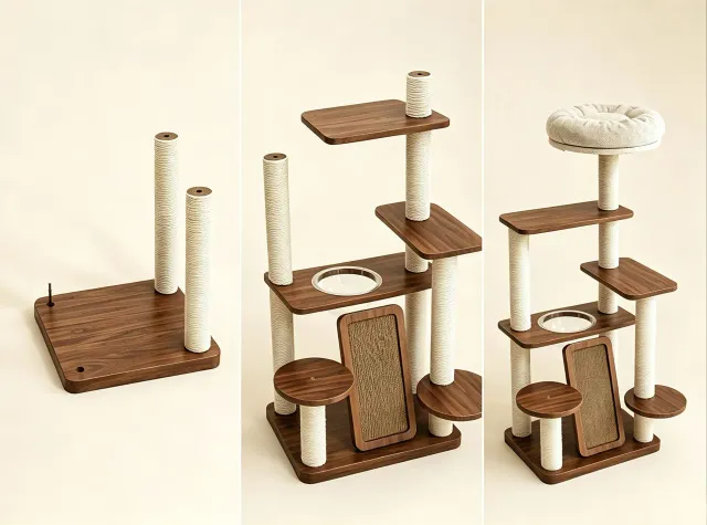 wooden cat tree manufacturer - Tiered Wooden Cat Tree with Scratching Ramp, view 5