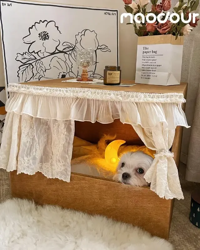 wooden pet bed manufacturer - Curtained Lift-Top Wooden Pet House, view 5