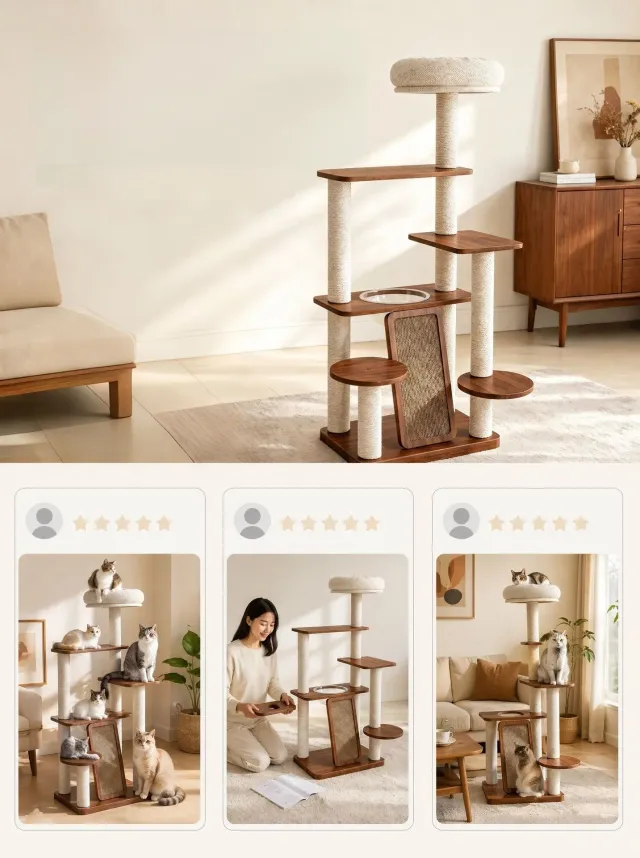 wooden cat tree manufacturer - Tiered Wooden Cat Tree with Scratching Ramp, view 6