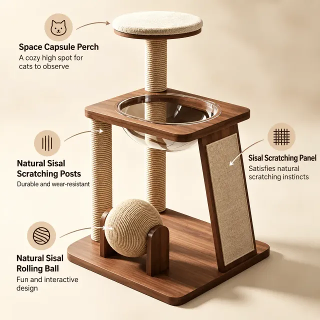 wooden cat tree manufacturer - Compact Wooden Cat Tree with Scratching Ball, view 7