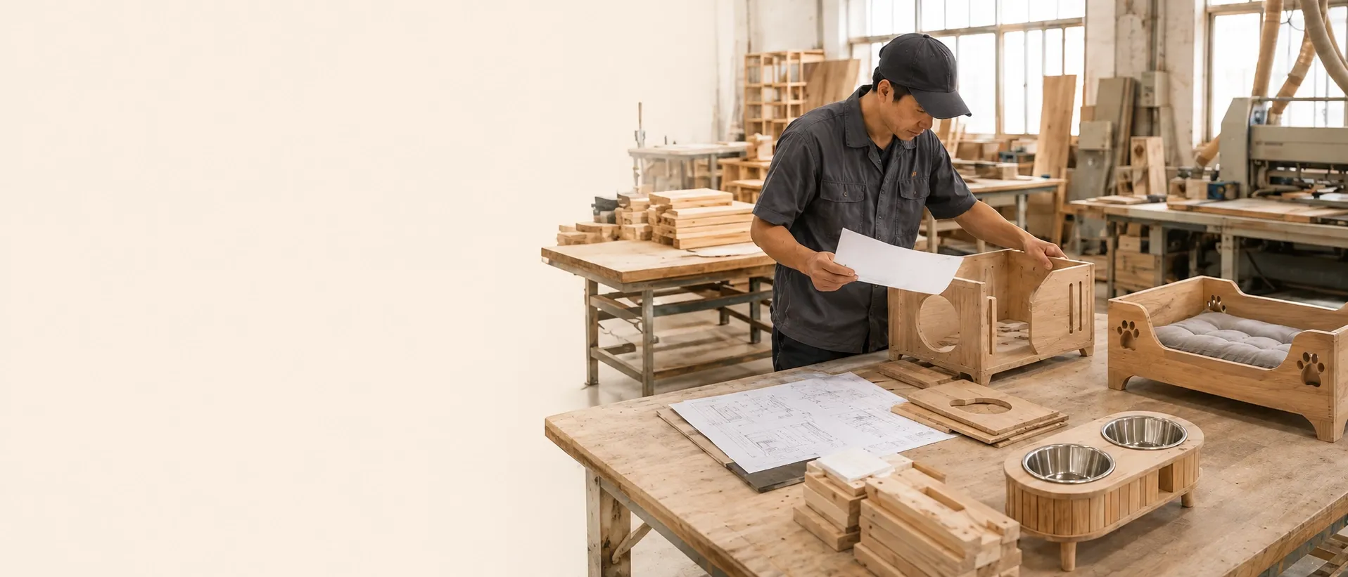 A custom wooden pet furniture prototype under assembly from buyer drawings