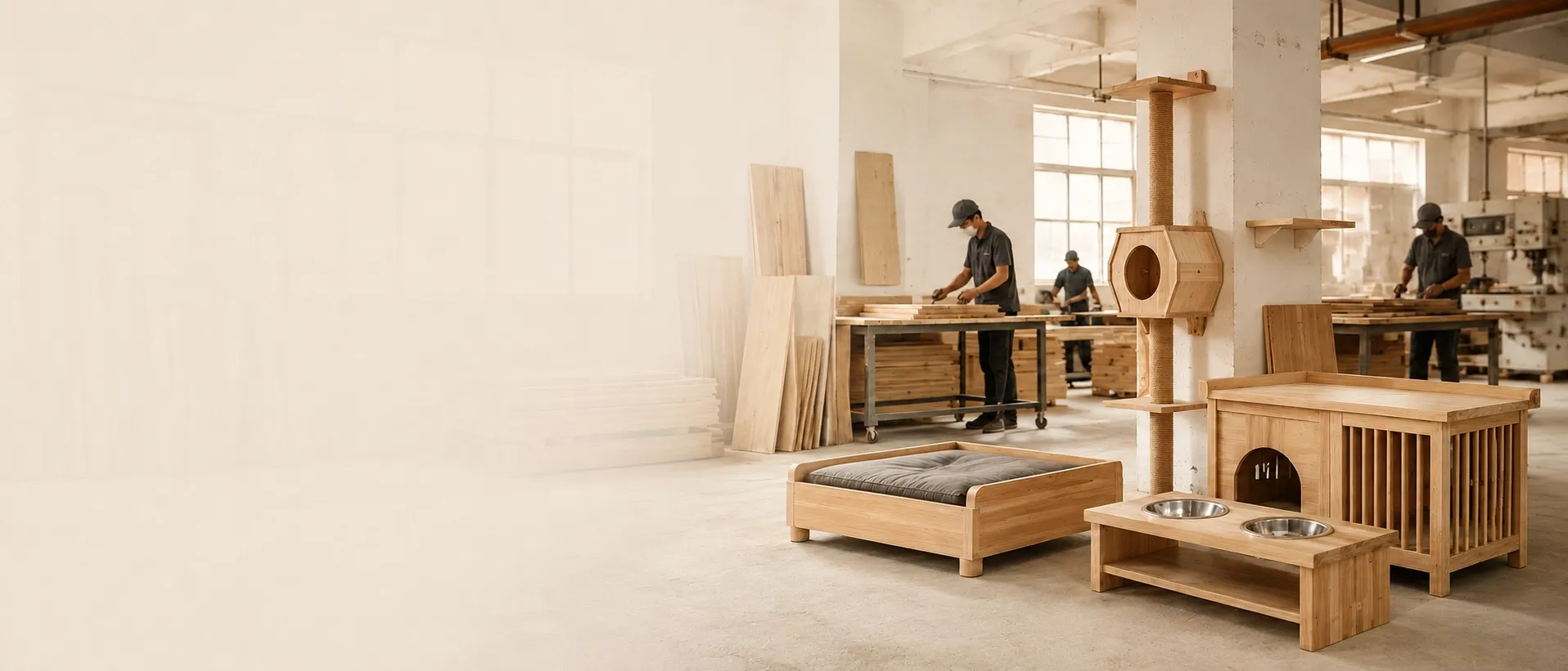 Solid wood pet furniture in production at the Lecong workshop, Foshan