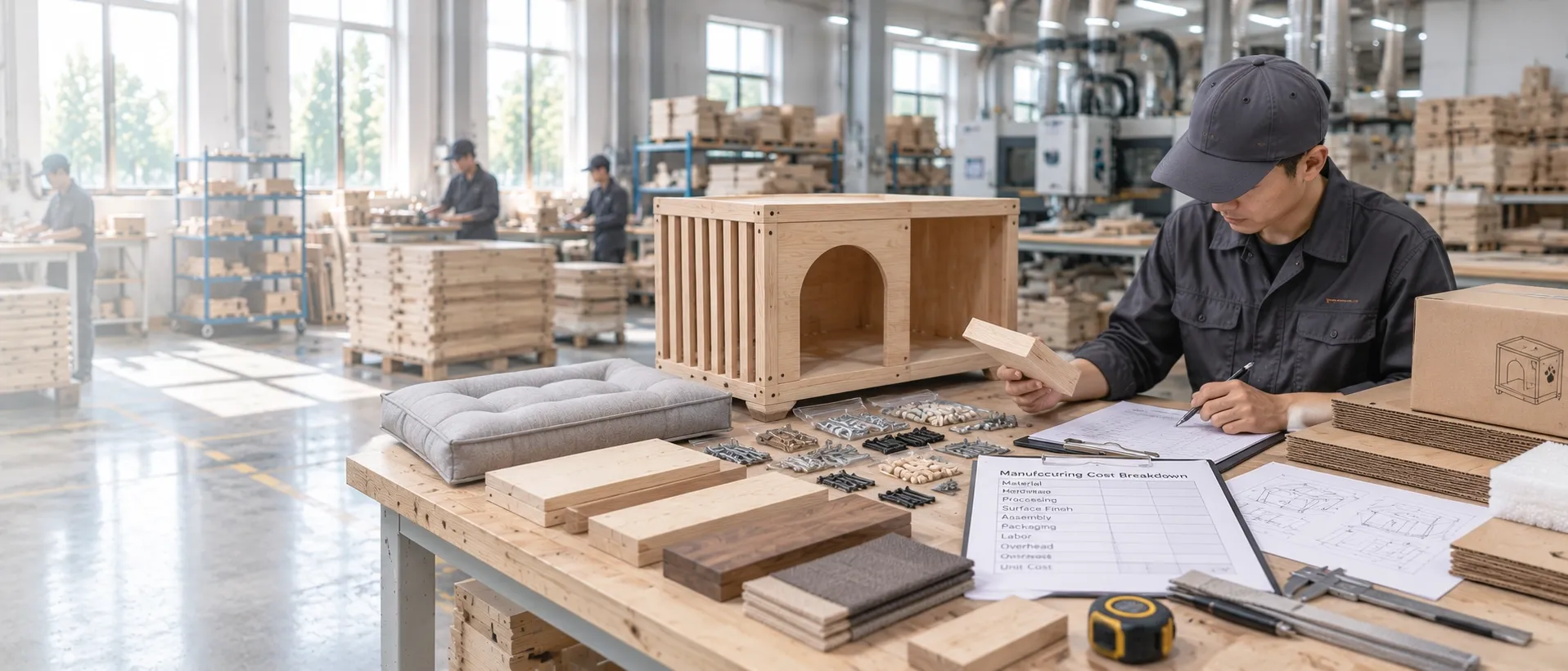 Timber, hardware and fabric components laid out as a bill of materials