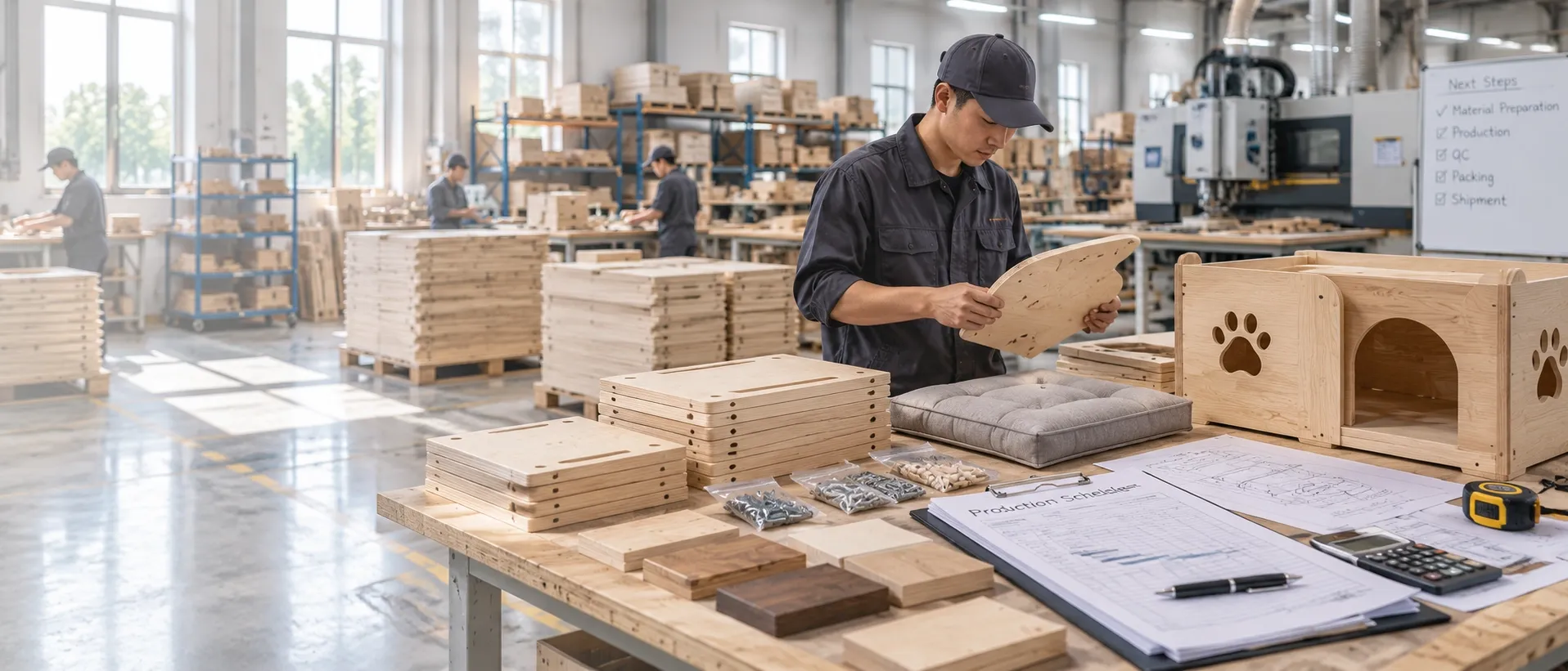 Production schedule and packed cartons awaiting despatch at the Foshan workshop