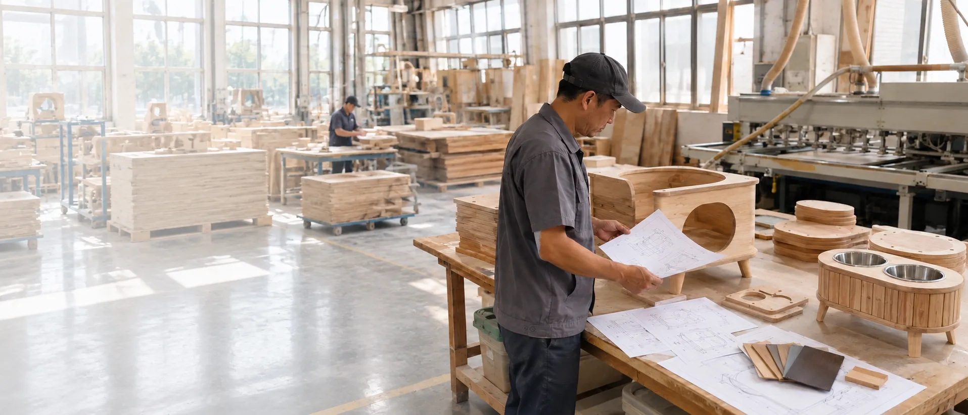 CNC-cut components and drawings on the shop floor during an OEM production run