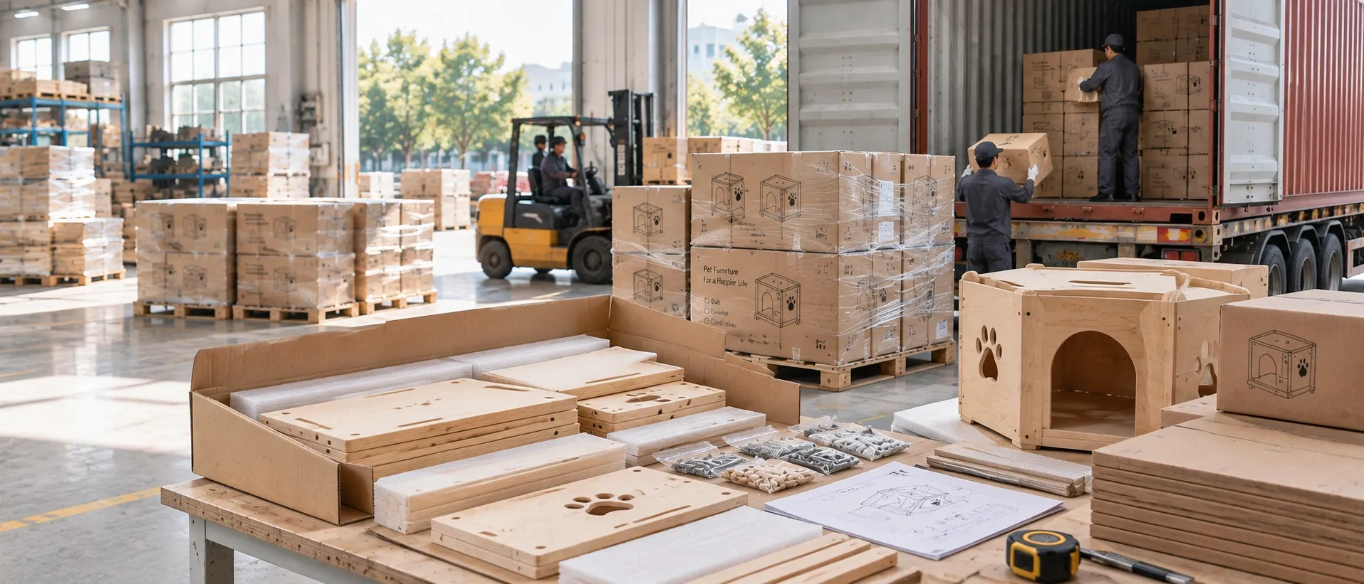 Knock-down cartons being stacked during container loading