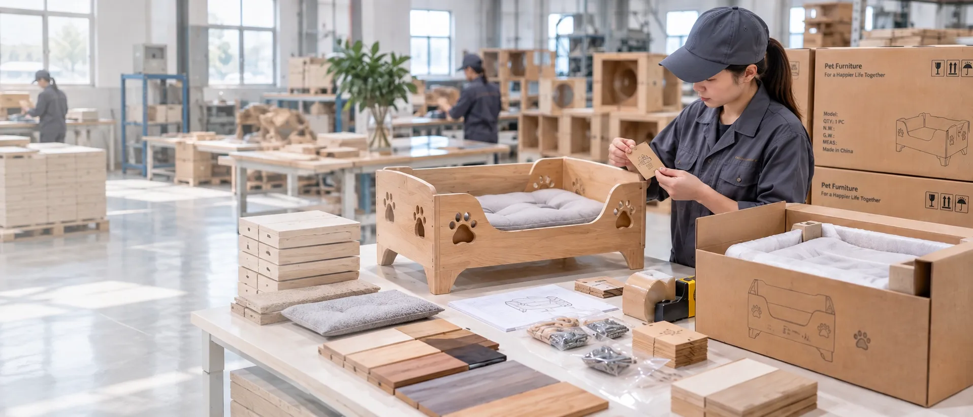 Branded wooden pet furniture packed in retail cartons ready for despatch