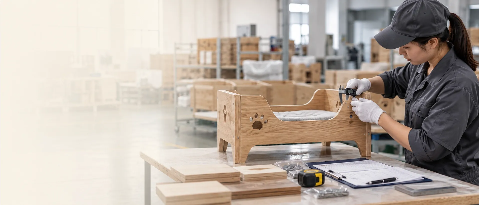 Inspection bench with measuring tools during final quality control