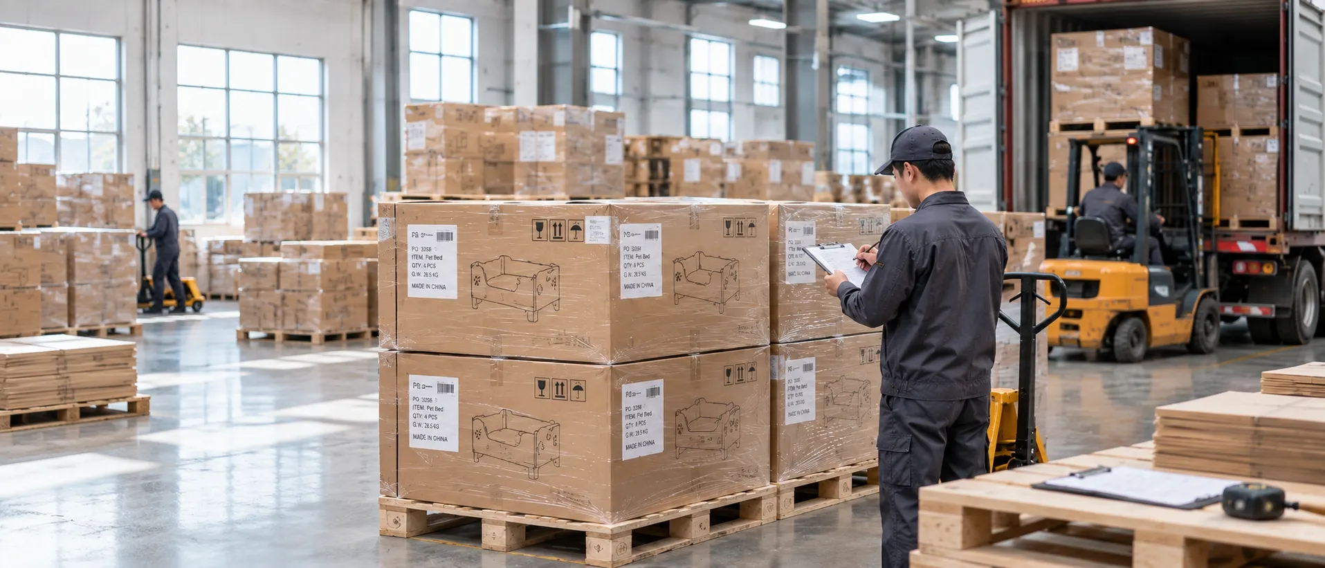 Export cartons stacked for container loading at the Foshan workshop
