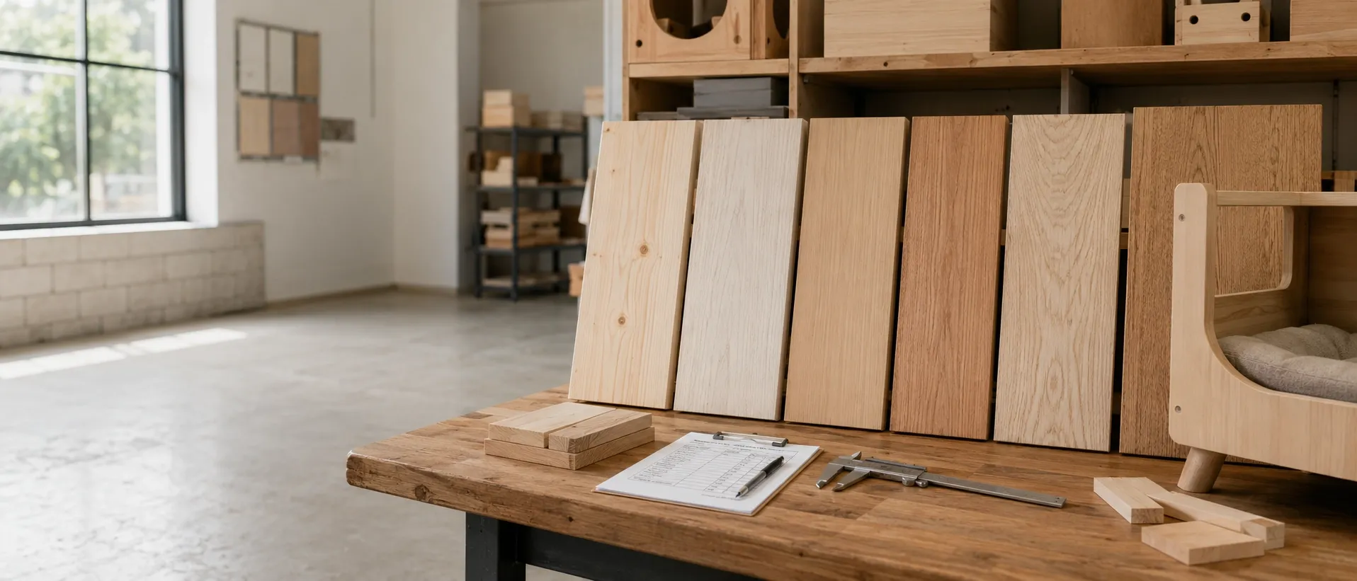 Samples of pine, paulownia, rubberwood, beech, ash and oak side by side