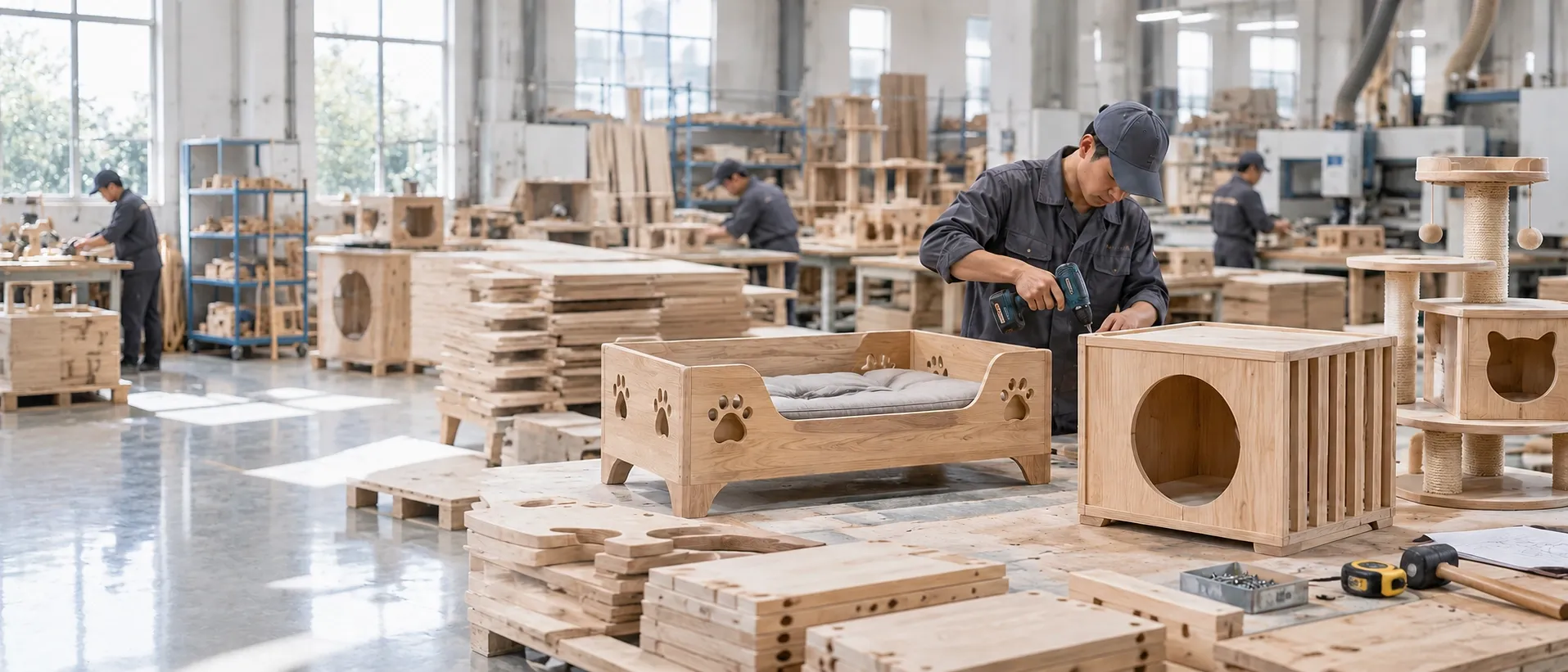 Solid wood pet furniture being produced at the Lecong workshop, Foshan