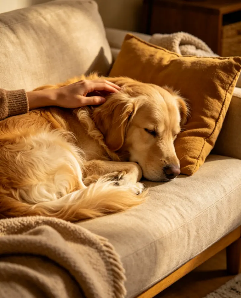 Dog relaxing at home beside handcrafted wooden pet furniture