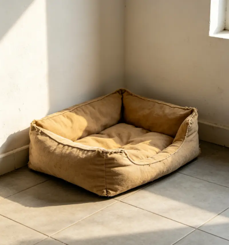 Vintage pet bed in a quiet sunlit home corner