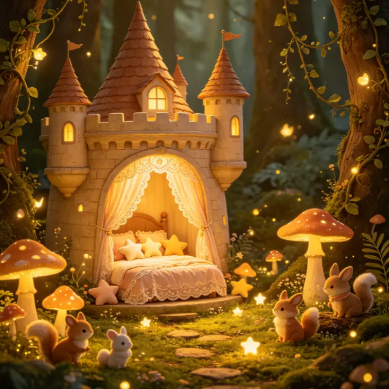 Handmade wooden pet bed with a fairy-tale castle design