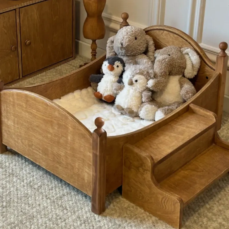 An original retro wooden pet bed with stairs for easier pet access