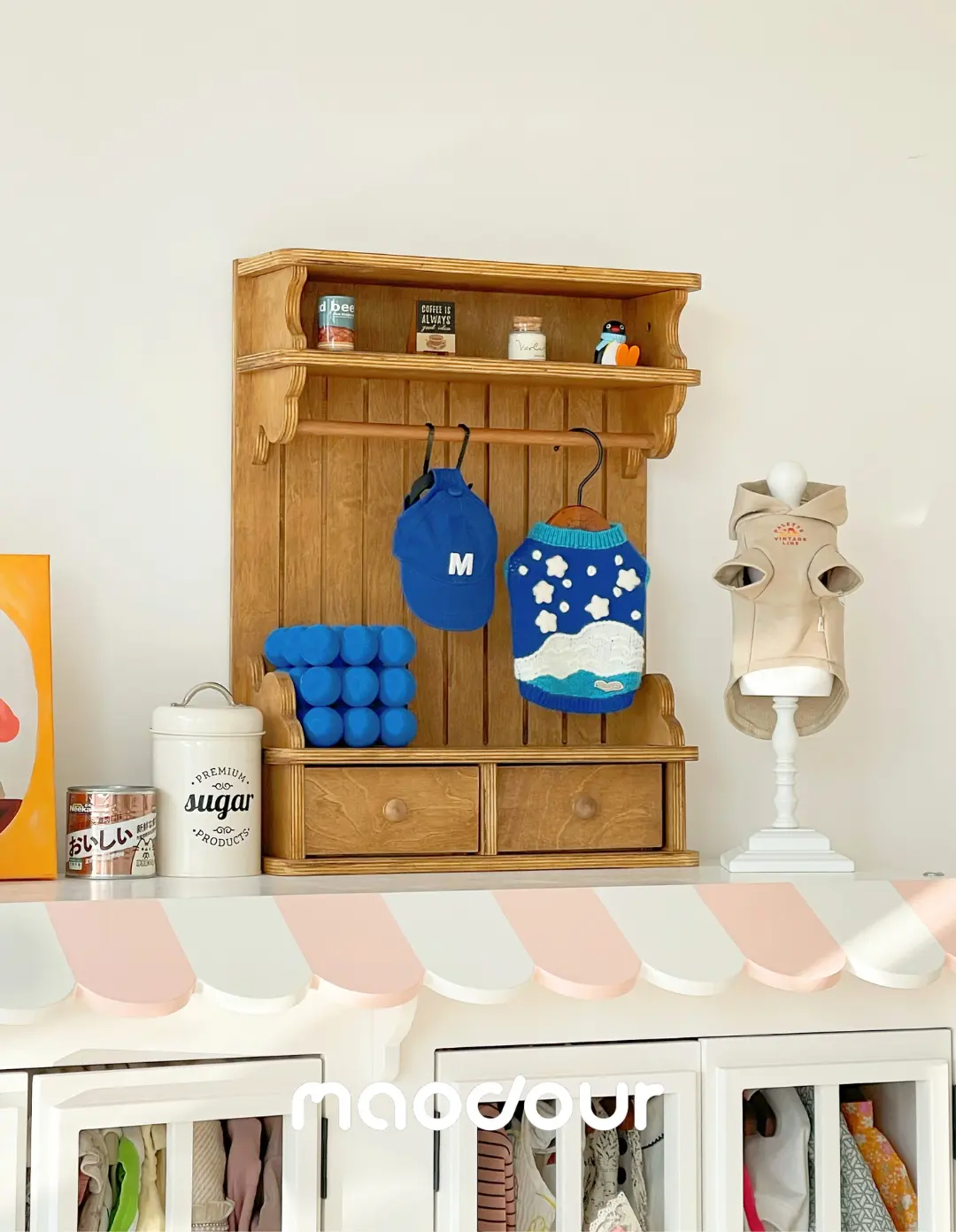 Vintage wooden pet wardrobe shelf detail 13