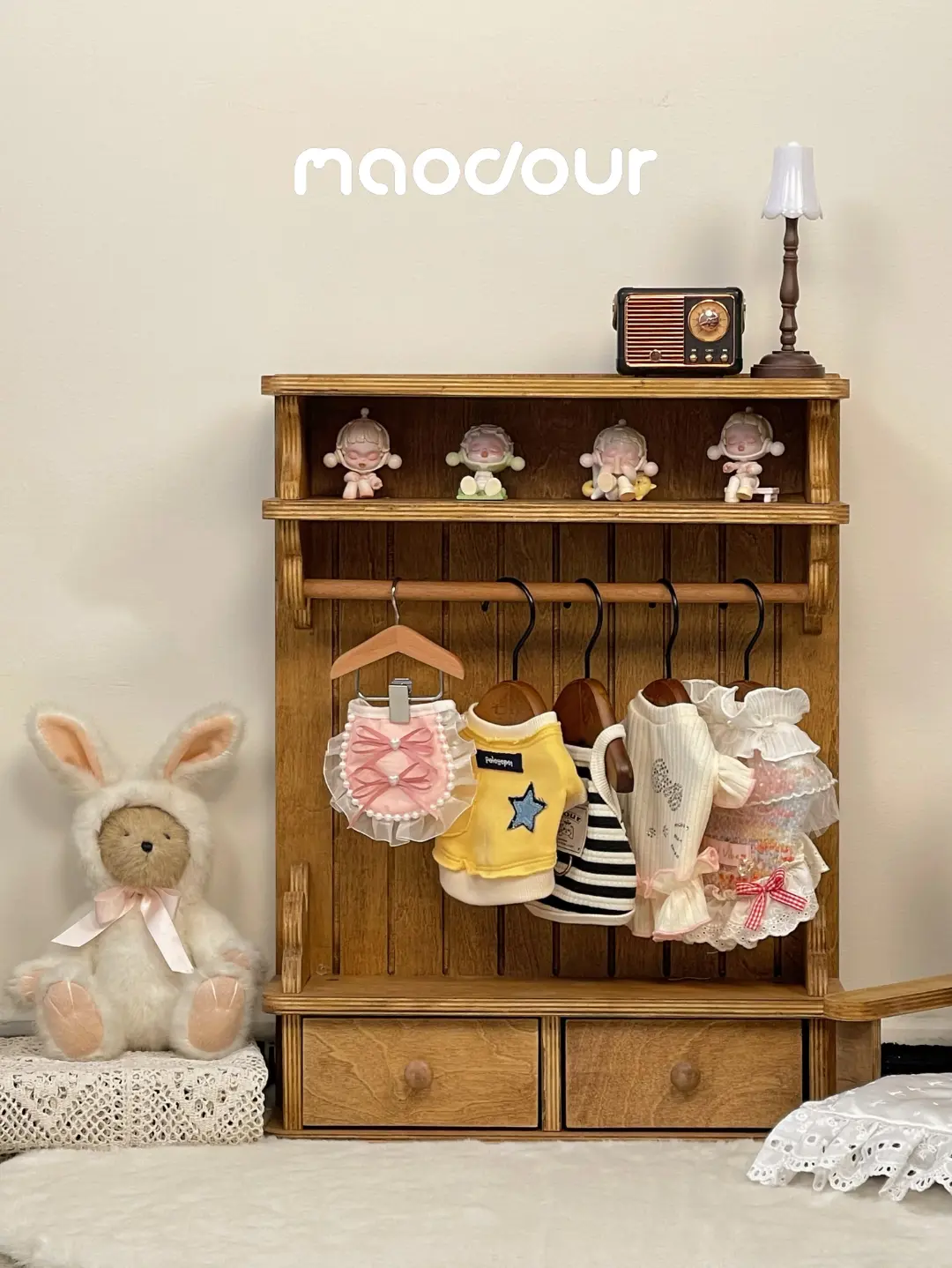 Vintage wooden pet wardrobe shelf detail 3