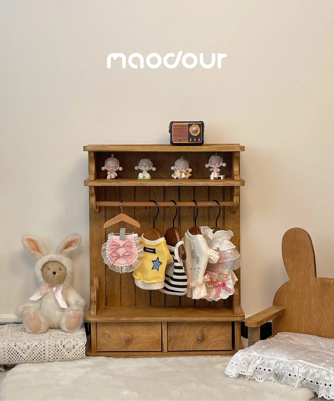 Vintage wooden pet wardrobe shelf detail 4