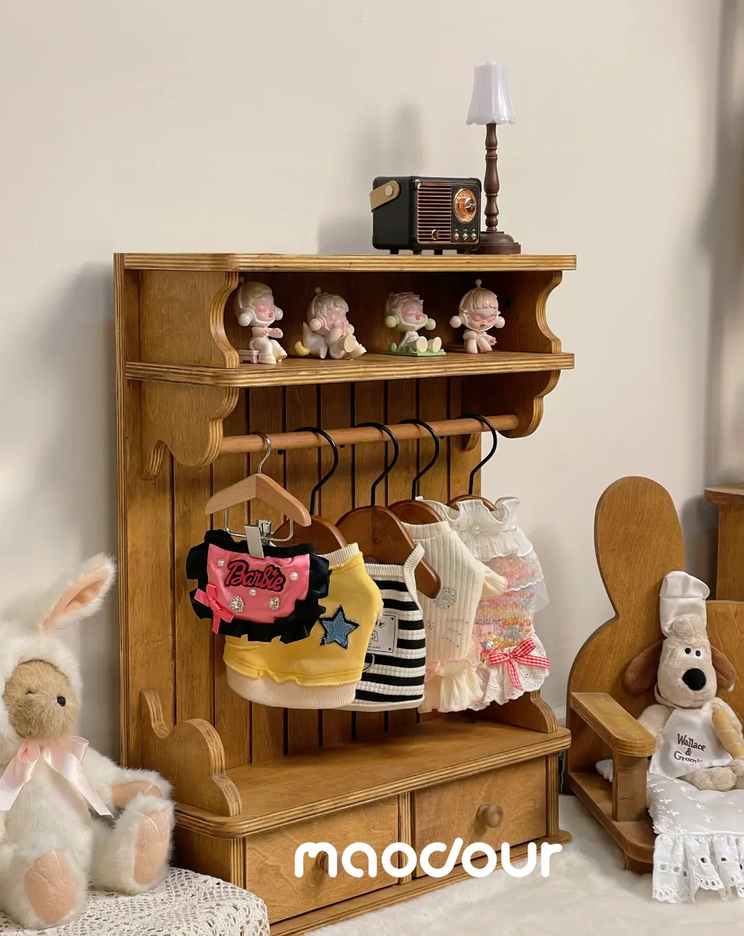Vintage wooden pet wardrobe shelf detail 5