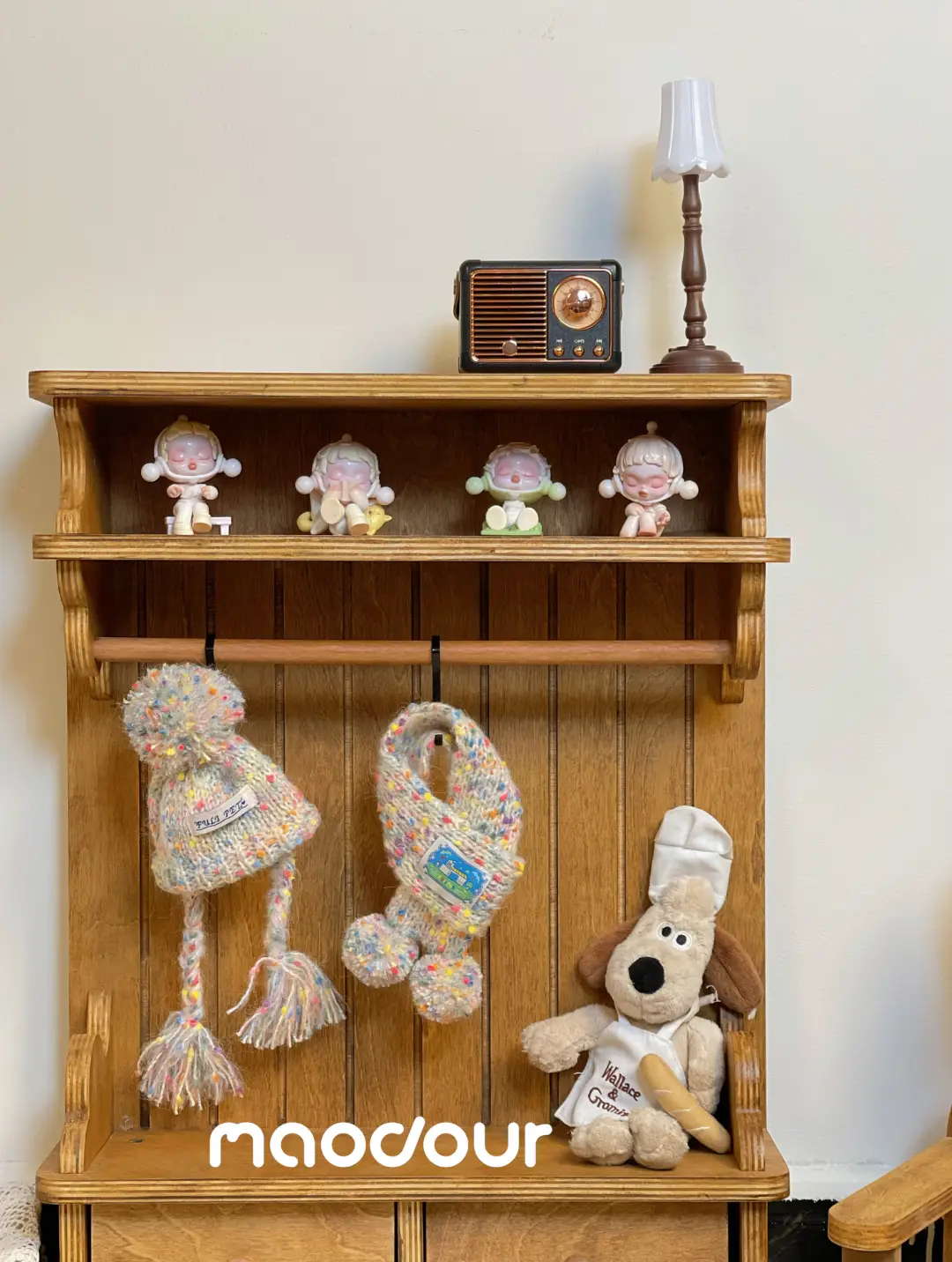 Vintage wooden pet wardrobe shelf detail 6