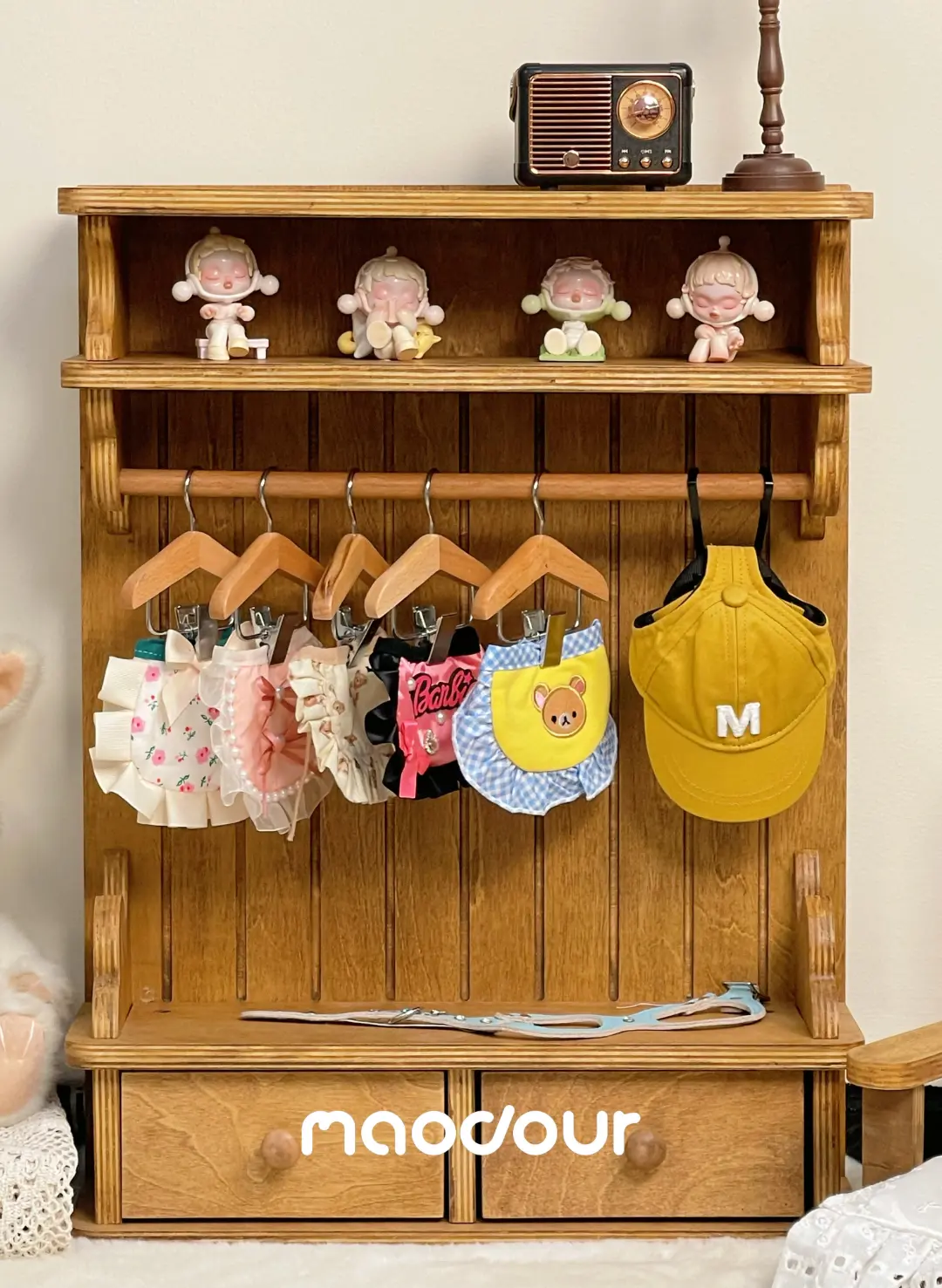 Vintage wooden pet wardrobe shelf detail 8